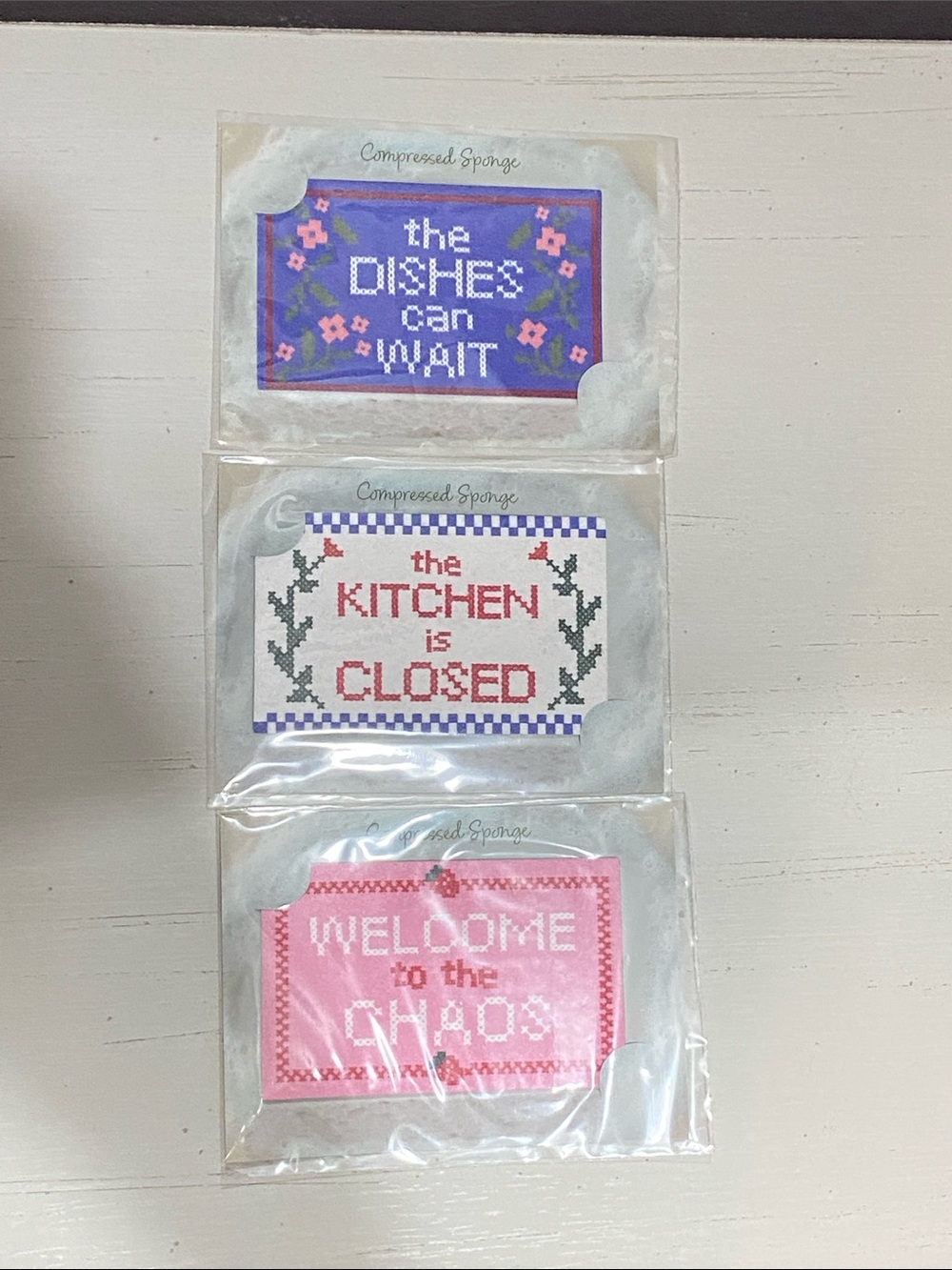 Compressed Decorative Kitchen Sponge Trio - Purple, White, Pink